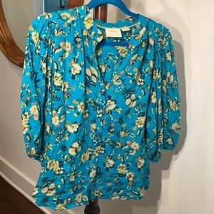 Maeve teal floral bubble sleeve button down blouse